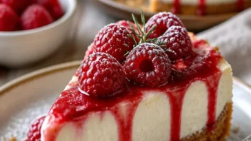 Himbeer-Eiscreme-Käsekuchen mit frischen Himbeeren dekoriert.
