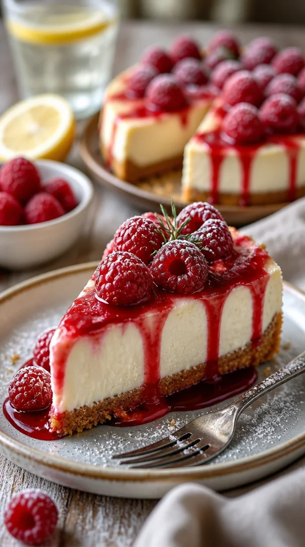 Himbeer-Eiscreme-Käsekuchen mit frischen Himbeeren dekoriert.