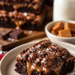 Gesalzenes Karamell Killer-Brownie mit Schokoladenteig und Karamellsoße.