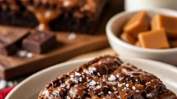 Gesalzenes Karamell Killer-Brownie mit Schokoladenteig und Karamellsoße.