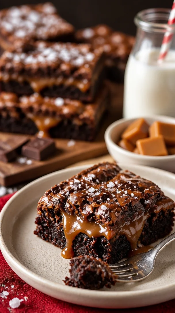 Gesalzenes Karamell Killer-Brownie mit Schokoladenteig und Karamellsoße.
