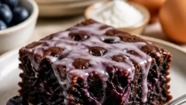Glasierte Blaubeer-Brownies auf einem Teller, saftig und verführerisch.
