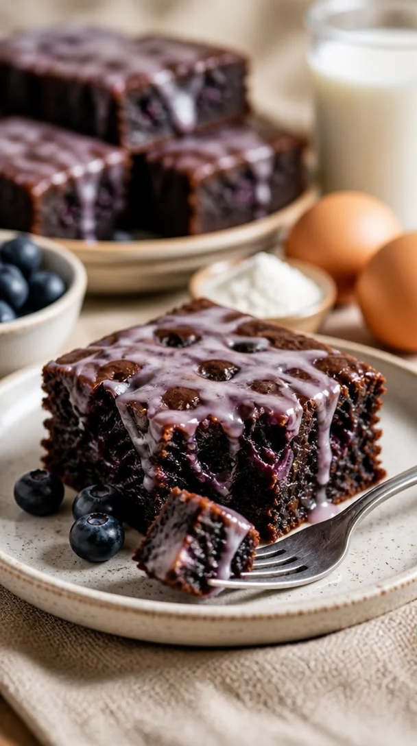 Glasierte Blaubeer-Brownies auf einem Teller, saftig und verführerisch.