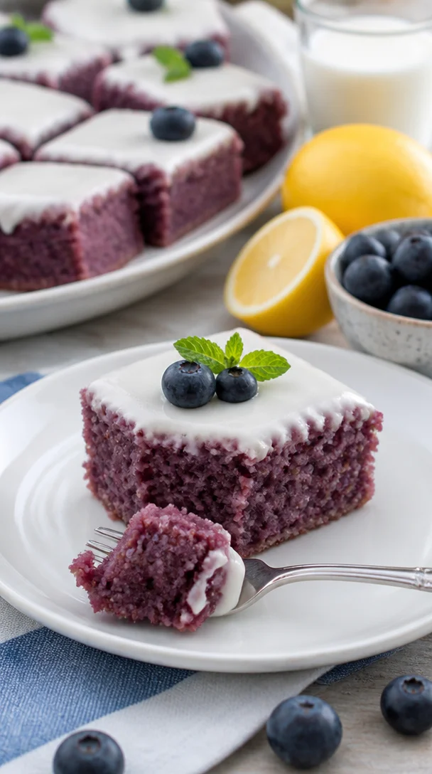 Glasiertes Blaubeer-Brownie mit saftigen Blaubeeren und Schokolade