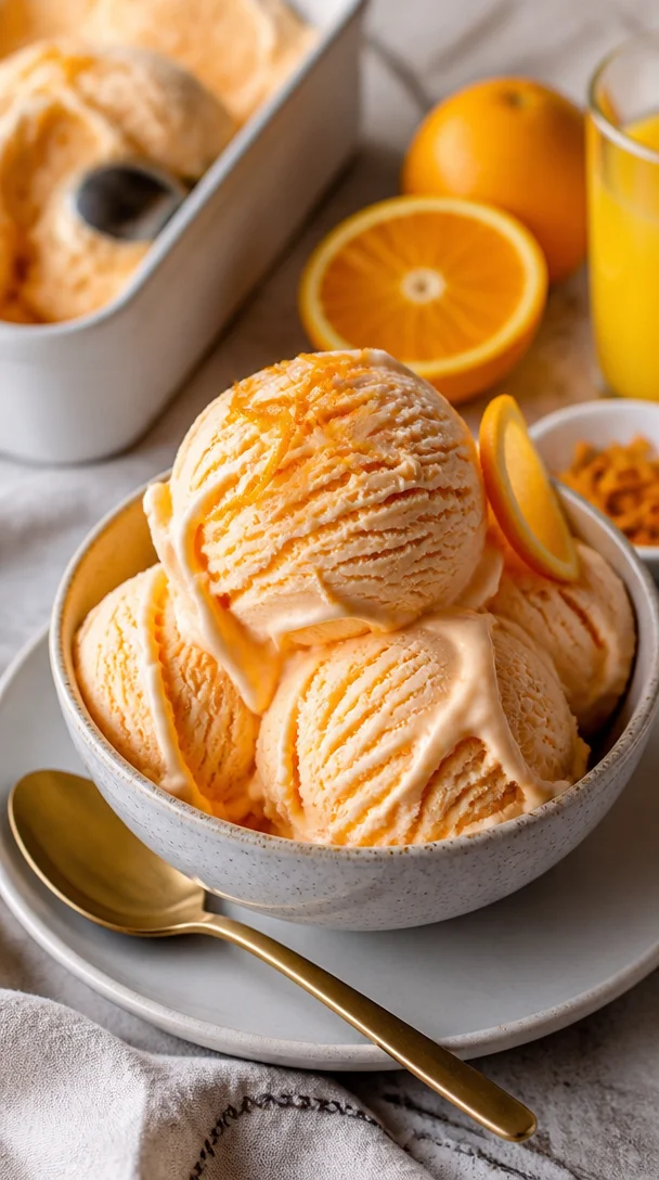 Hausgemachtes Orangen-Eiscreme in einer Waffel mit frischen Orangenstücken