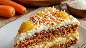 Hawaiianischer Karotten-Ananaskuchen mit Ananas und Karotten dekoriert