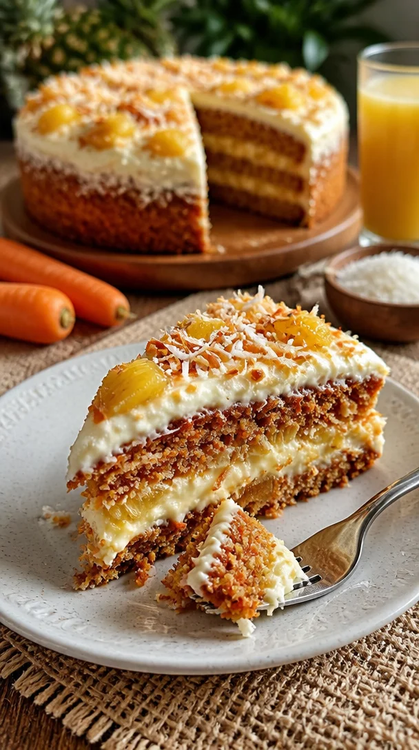 Hawaiianischer Karotten-Ananaskuchen mit Ananas und Karotten dekoriert