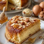 Hefekuchen mit Vanillepudding und Honig-Mandelkruste auf einem Teller