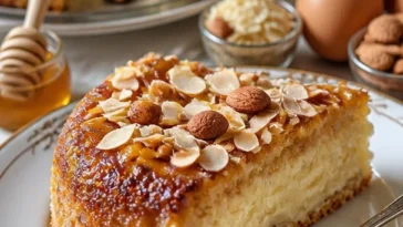 Hefekuchen mit Vanillepudding und Honig-Mandelkruste auf einem Teller