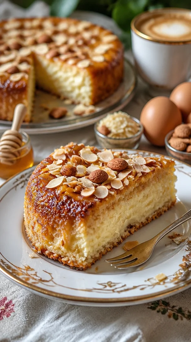 Hefekuchen mit Vanillepudding und Honig-Mandelkruste auf einem Teller