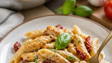 Ein leckeres Gericht Hühnchen Pasta, ideal für romantische Abende.