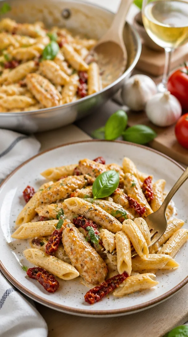 Ein leckeres Gericht Hühnchen Pasta, ideal für romantische Abende.