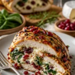 Herzhafte gefüllte Hühnchenbrust mit Cranberry, Spinat und Brie-Käse auf einem Teller.
