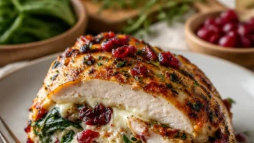 Herzhafte gefüllte Hühnchenbrust mit Cranberry, Spinat und Brie-Käse auf einem Teller.