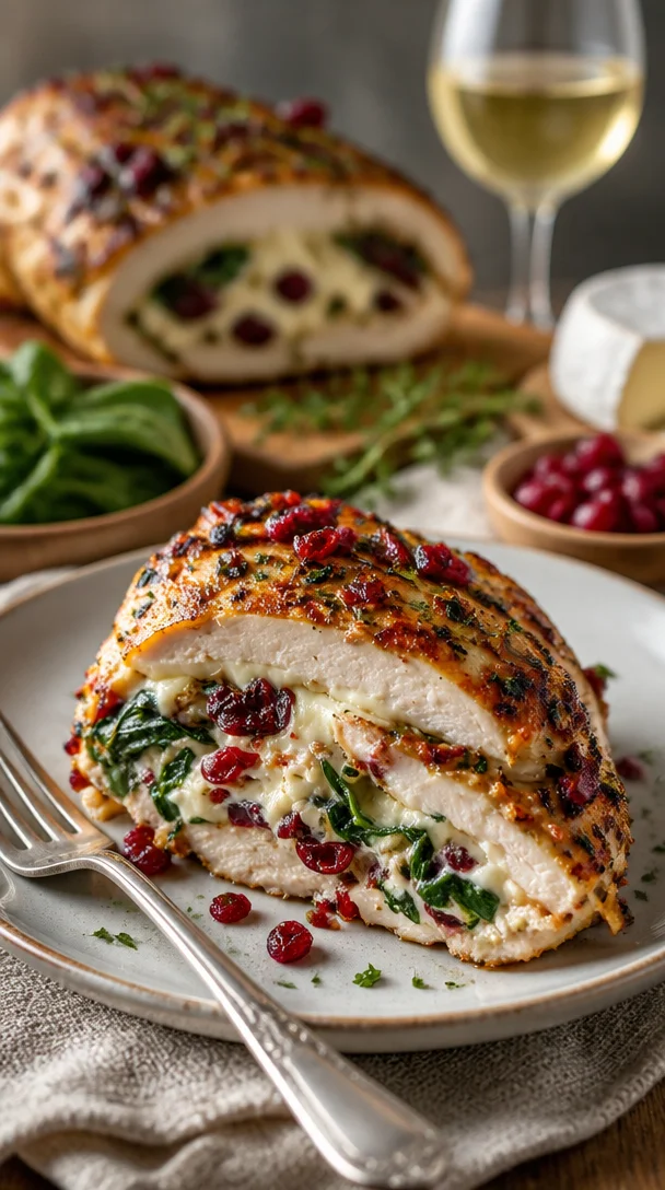 Herzhafte gefüllte Hühnchenbrust mit Cranberry, Spinat und Brie-Käse auf einem Teller.