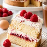 Himbeer-Biskuitkuchen mit frischen Himbeeren und Sahne
