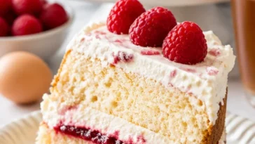 Himbeer-Biskuitkuchen mit frischen Himbeeren und Sahne