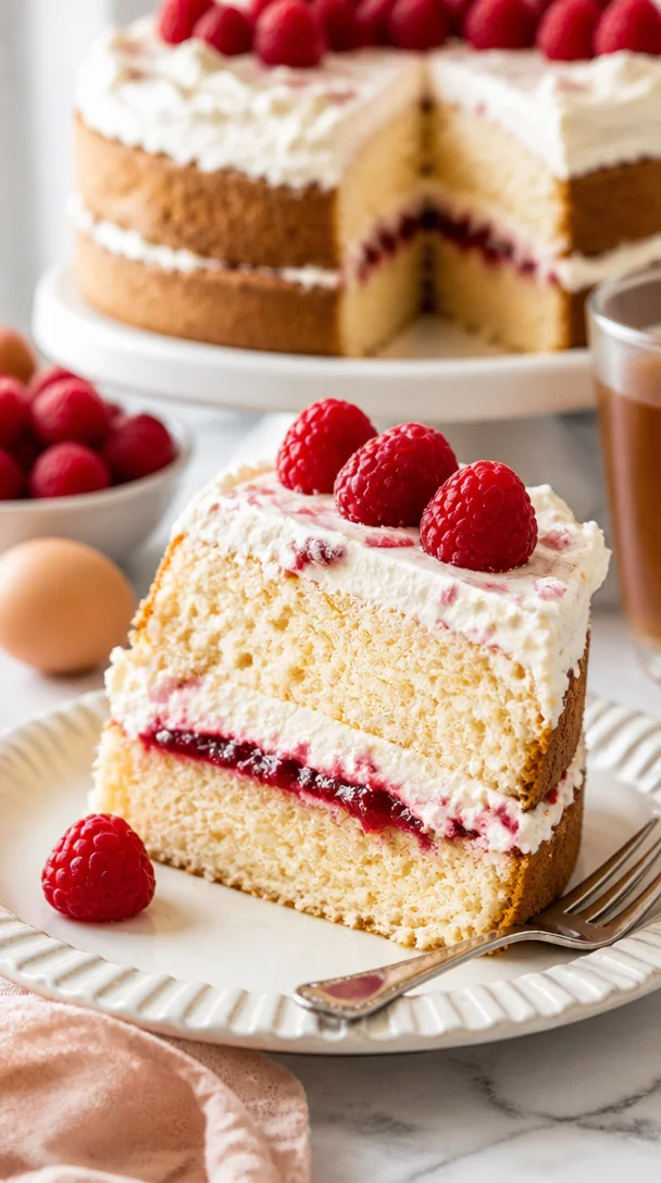 Himbeer-Biskuitkuchen mit frischen Himbeeren und Sahne