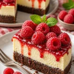 Himbeer-Brownie-Käsekuchen mit frischen Himbeeren und Schokoladensoße