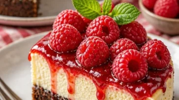 Himbeer-Brownie-Käsekuchen mit frischen Himbeeren und Schokoladensoße