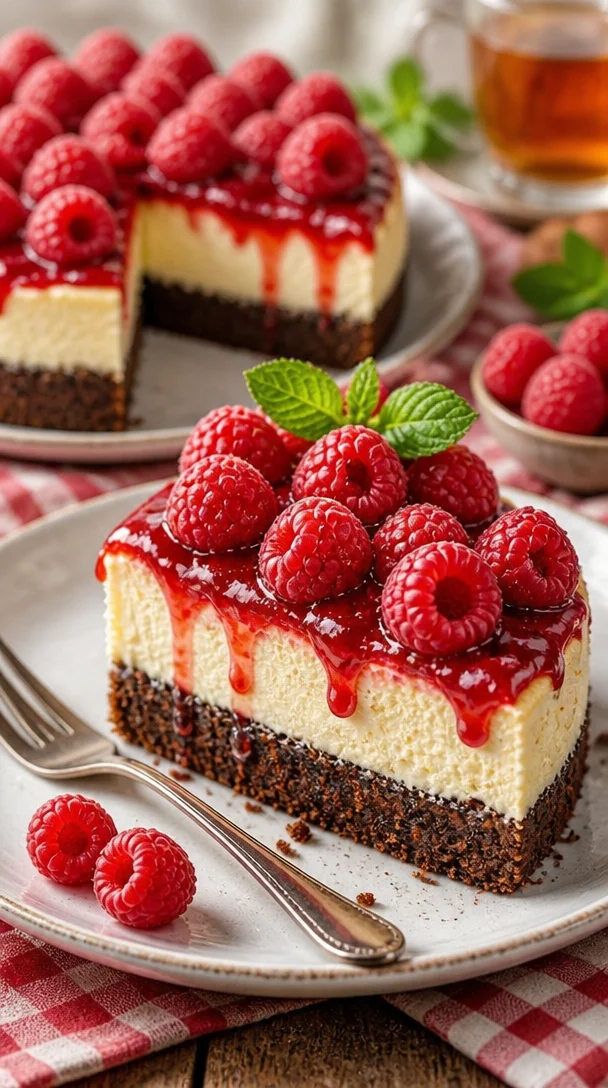 Himbeer-Brownie-Käsekuchen mit frischen Himbeeren und Schokoladensoße
