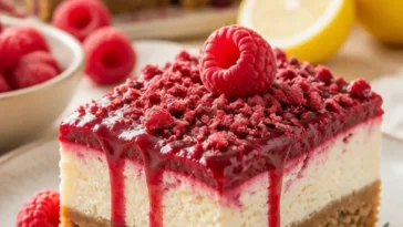 Himbeer-Cheesecake-Riegel auf einem Teller mit frischen Himbeeren