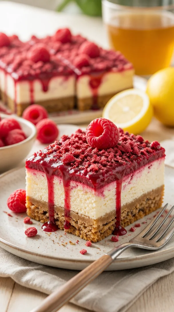 Himbeer-Cheesecake-Riegel auf einem Teller mit frischen Himbeeren