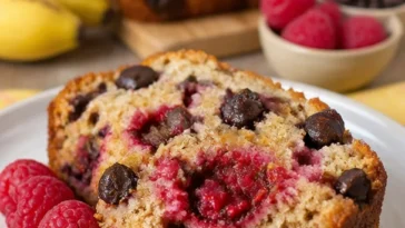 Himbeer Dunkle Schokoladen Bananenbrot mit Bananen und Himbeeren