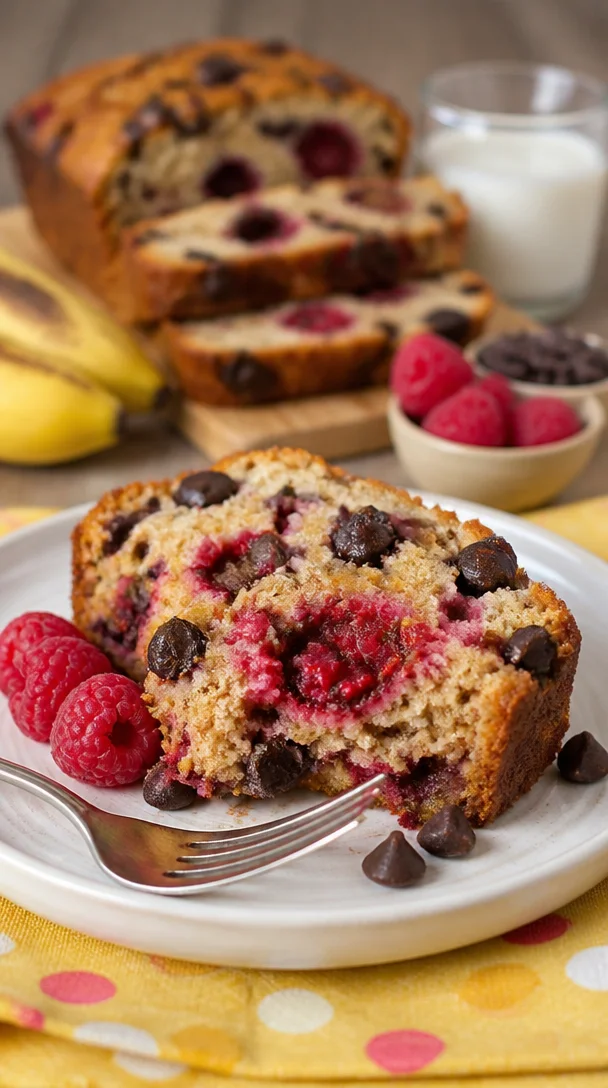 Himbeer Dunkle Schokoladen Bananenbrot mit Bananen und Himbeeren