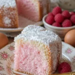 Himbeer-Engelsfoodkuchen auf einem Teller, garniert mit frischen Himbeeren