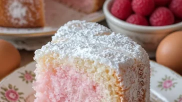 Himbeer-Engelsfoodkuchen auf einem Teller, garniert mit frischen Himbeeren