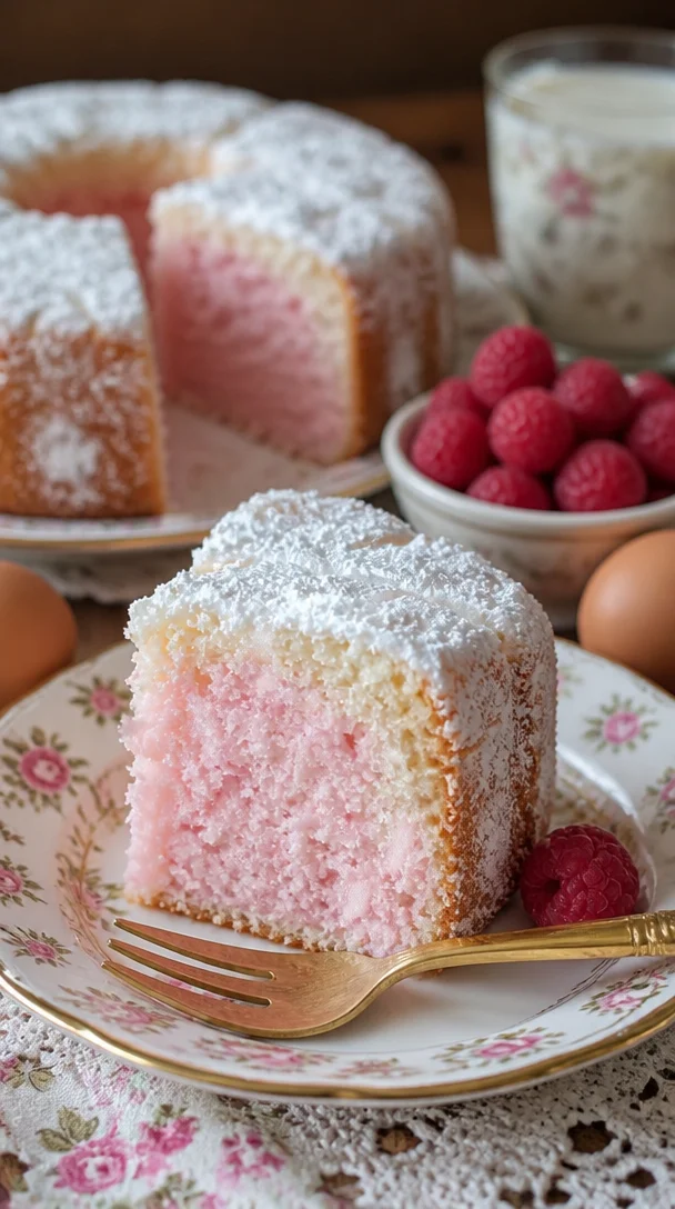 Himbeer-Engelsfoodkuchen auf einem Teller, garniert mit frischen Himbeeren