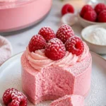 Himbeer-Mousse auf einem Teller mit frischen Himbeeren dekoriert