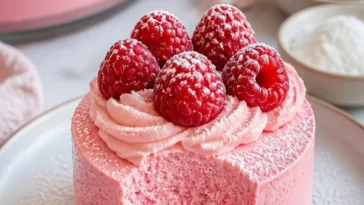 Himbeer-Mousse auf einem Teller mit frischen Himbeeren dekoriert