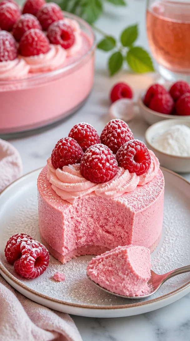 Himbeer-Mousse auf einem Teller mit frischen Himbeeren dekoriert