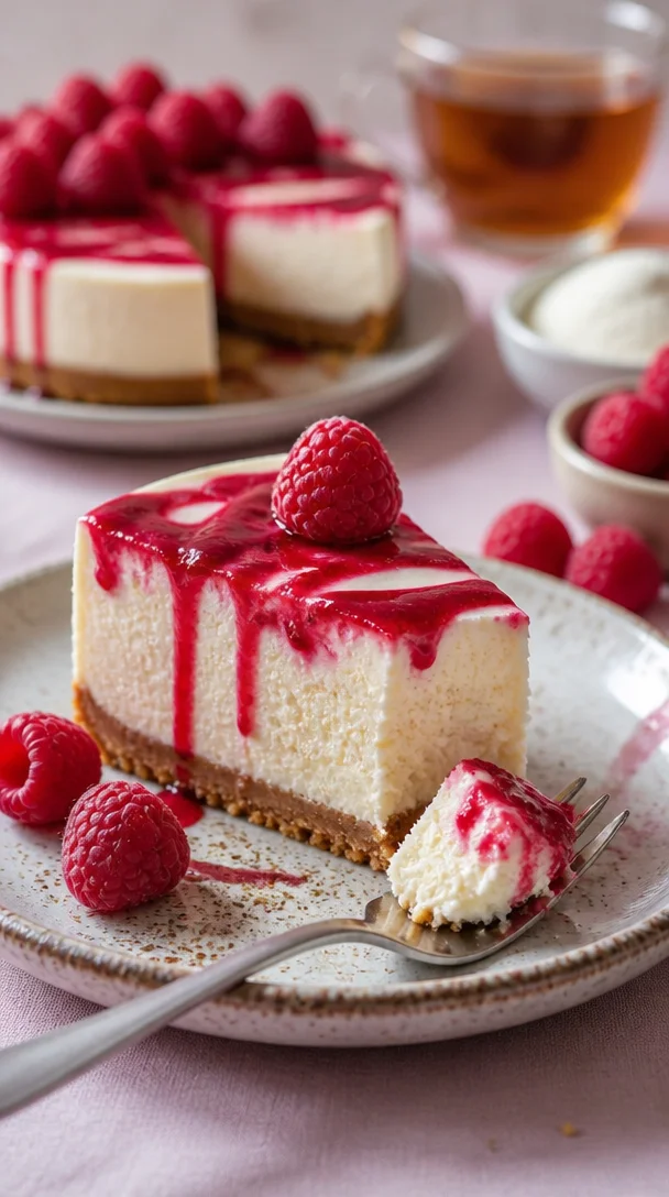 Leckerer Himbeer Schmand Cheesecake mit frischen Himbeeren und cremiger Füllung.
