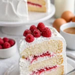 Himbeer-Wolkentorte mit frischen Himbeeren und Sahne dekoriert