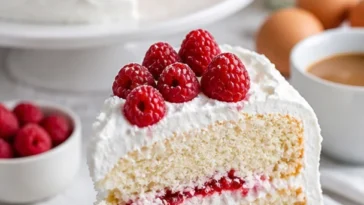 Himbeer-Wolkentorte mit frischen Himbeeren und Sahne dekoriert