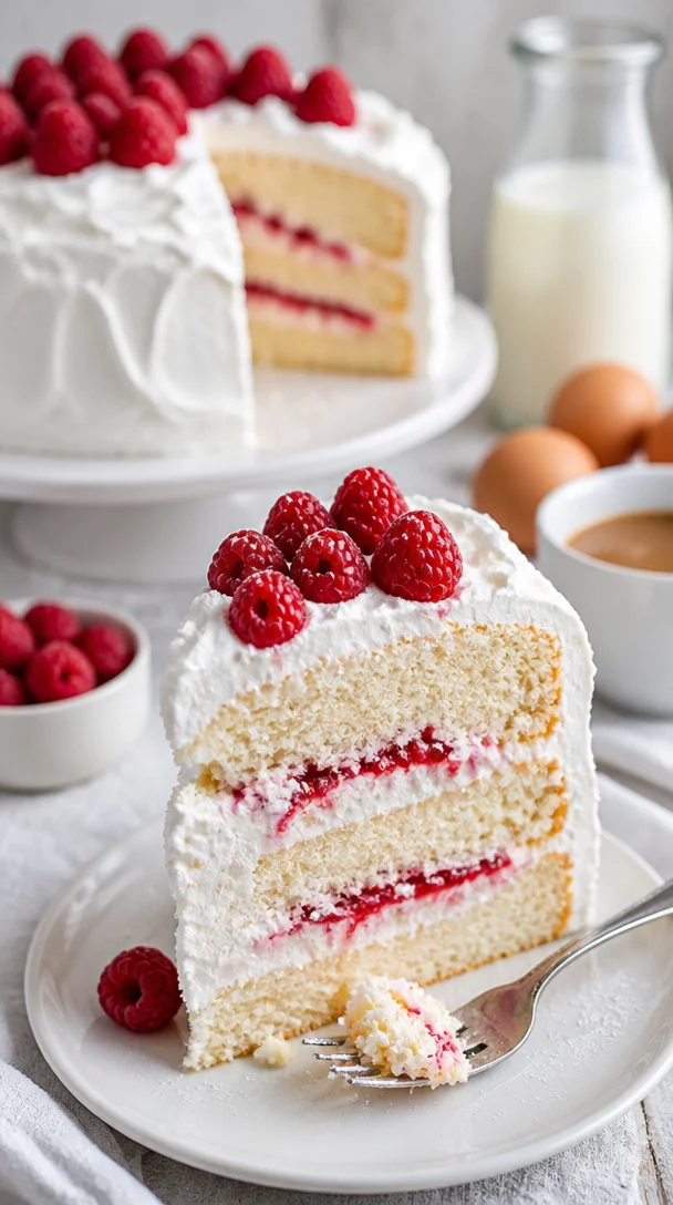 Himbeer-Wolkentorte mit frischen Himbeeren und Sahne dekoriert