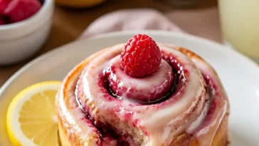 Leckere Himbeer-Zimt-Rollen mit frischen Himbeeren und Zimt-Zucker-Belag.