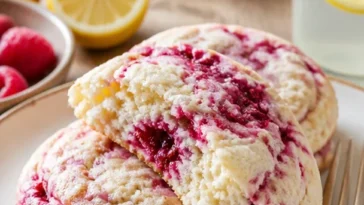 Himbeer-Zitronen-Kekse auf einem Teller, frisch gebacken und dekoriert