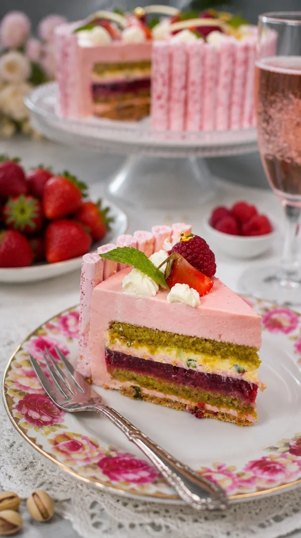Himbeertorte 'Couronne Rose' mit frischen Himbeeren und feinem Biskuit