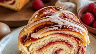 Himbeerwirbel-Brioche-Laib mit frischen Himbeeren