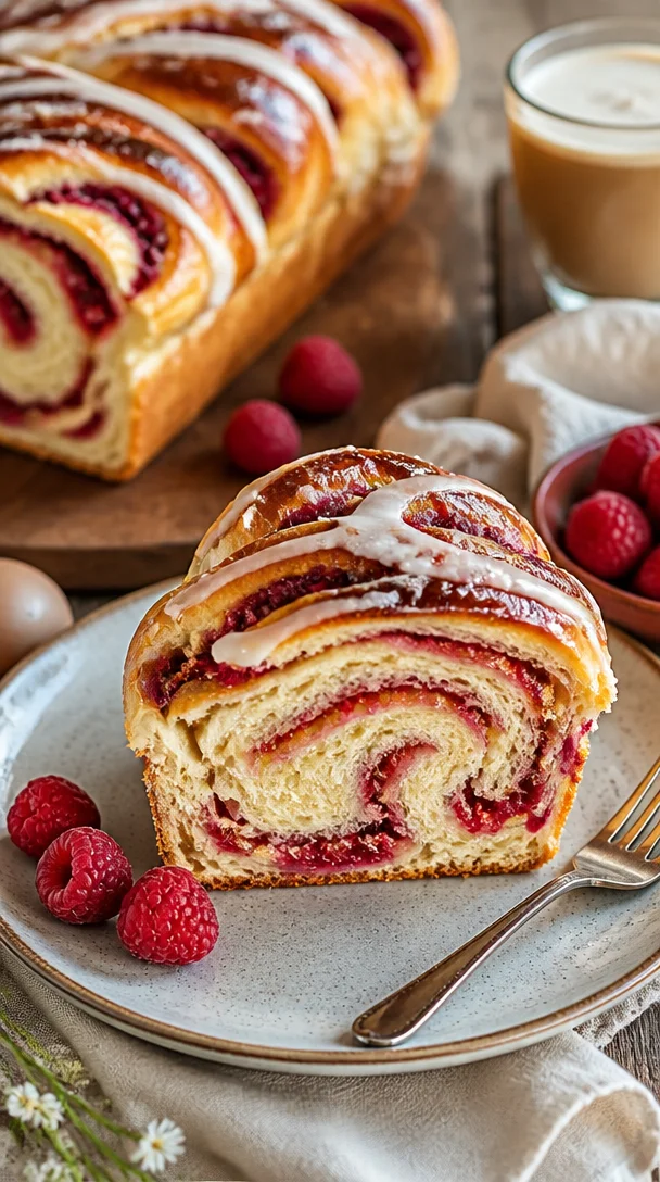 Himbeerwirbel-Brioche-Laib mit frischen Himbeeren