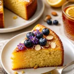 Honig-Zitronen-Mandelmehl-Kuchen auf einem Teller mit frischer Zitrone