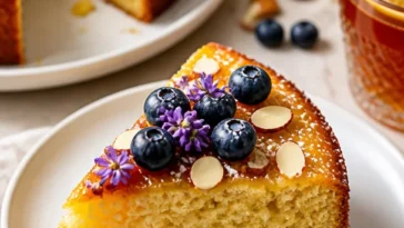 Honig-Zitronen-Mandelmehl-Kuchen auf einem Teller mit frischer Zitrone