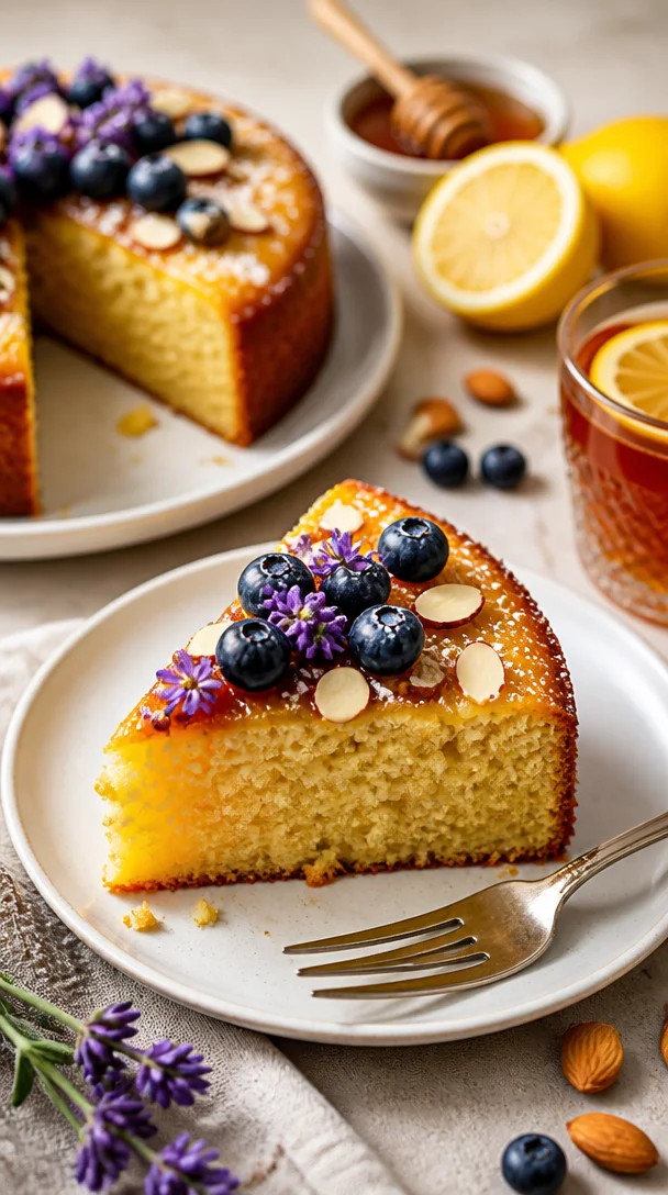 Honig-Zitronen-Mandelmehl-Kuchen auf einem Teller mit frischer Zitrone