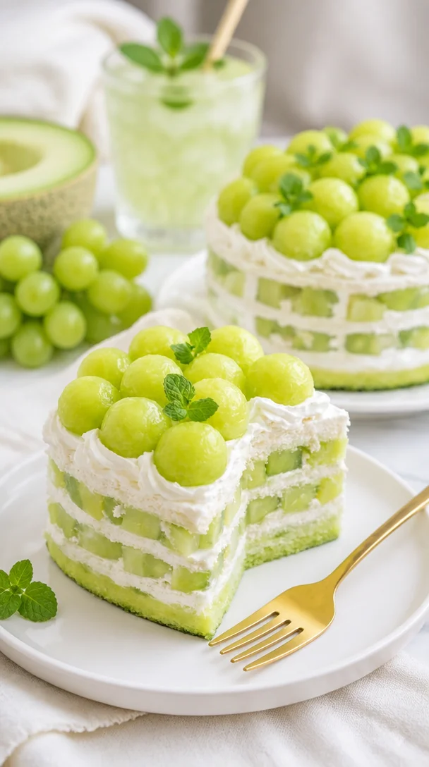 Honigmelonen-Creme-Kuchen auf einem schönen Kuchenteller dekoriert