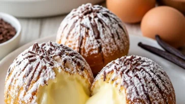 Italienische Sahnebomben auf einem Teller mit Schokoladensauce