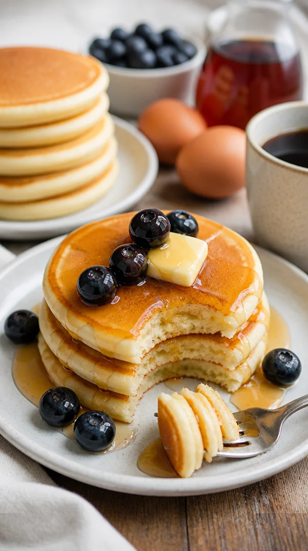 Fluffige Japanische Pfannkuchen serviert mit frischen Früchten und Sirup